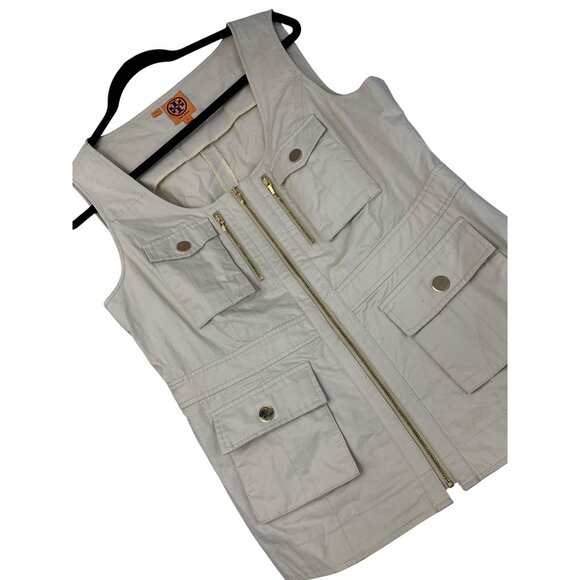 14 Tory Burch Womens Jason Utility Vest With Gold Zipper & Snap Safari EUC - Picture 4 of 8